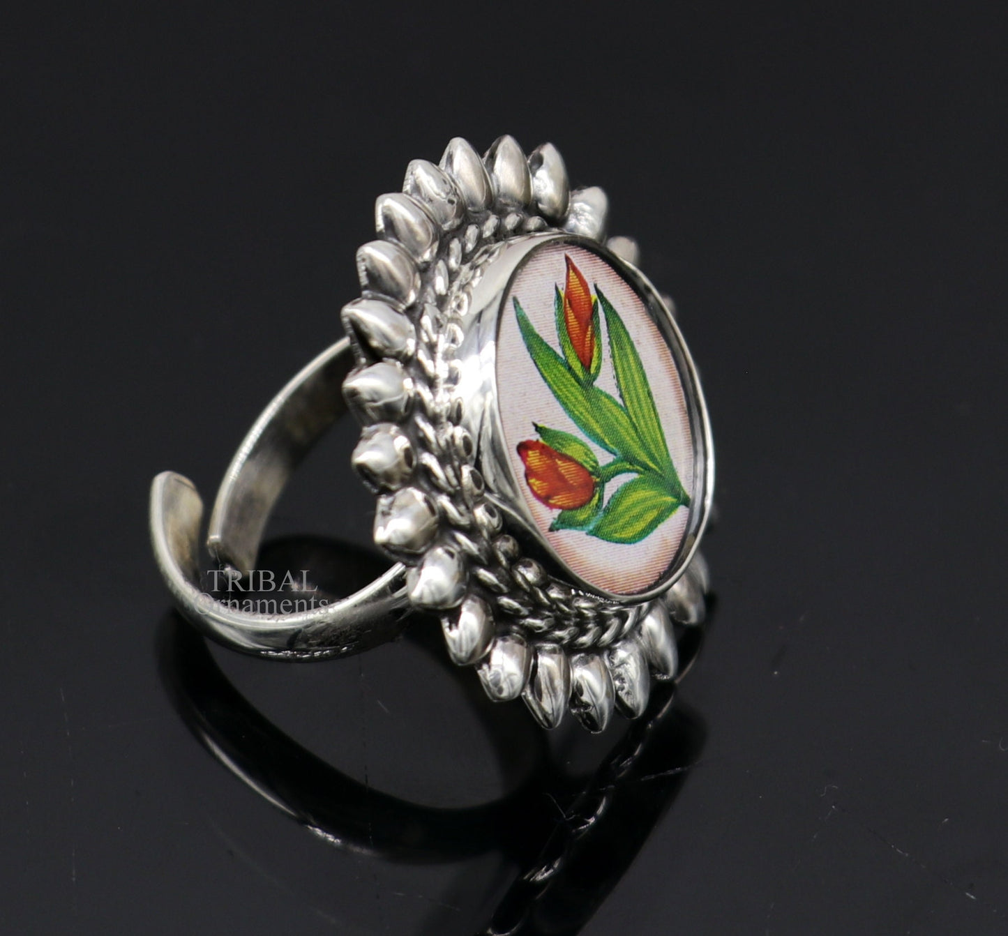 925 sterling silver adjustable ring band with fabulous flower painting ring unisex India jewelry ring505 - TRIBAL ORNAMENTS