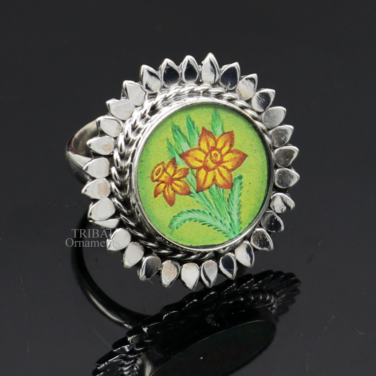 925 sterling silver adjustable ring band with fabulous flower painting ring unisex India jewelry ring552 - TRIBAL ORNAMENTS