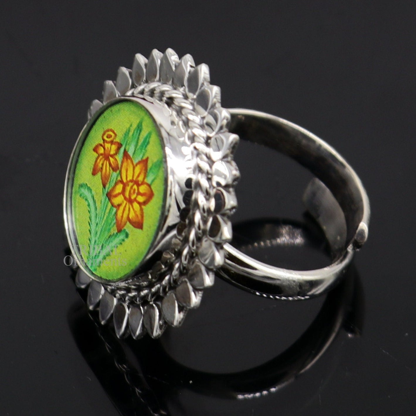 925 sterling silver adjustable ring band with fabulous flower painting ring unisex India jewelry ring552 - TRIBAL ORNAMENTS