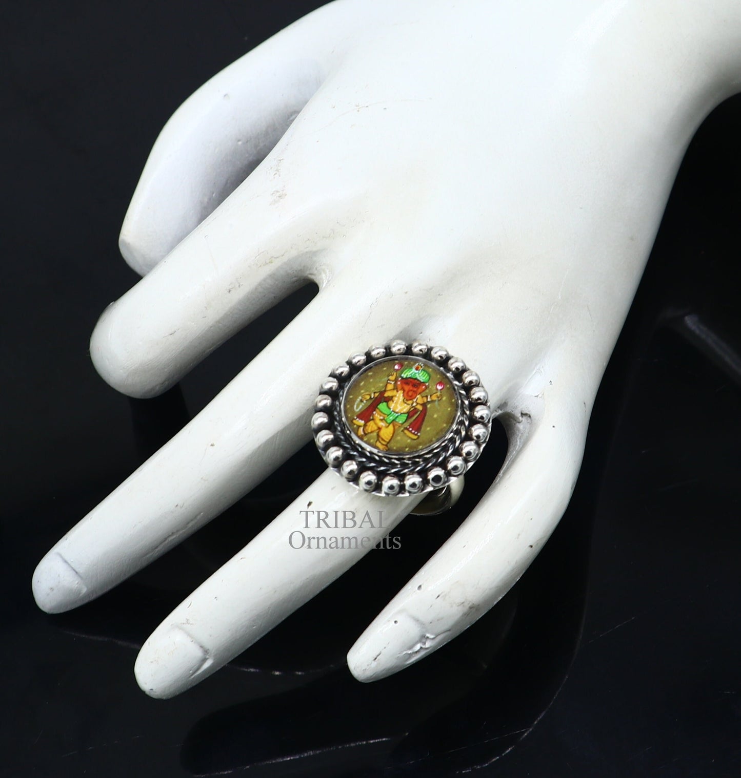 925 sterling silver adjustable ring band with fabulous lord ganesha miniature art painting ring Stylish ethnic party jewelry RRing530 - TRIBAL ORNAMENTS