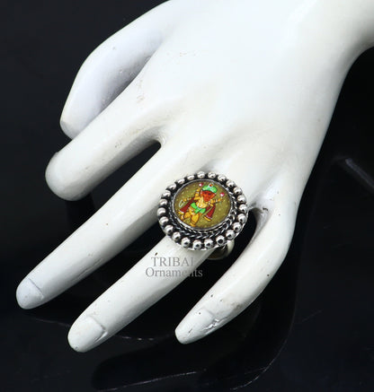 925 sterling silver adjustable ring band with fabulous lord ganesha miniature art painting ring Stylish ethnic party jewelry RRing530 - TRIBAL ORNAMENTS