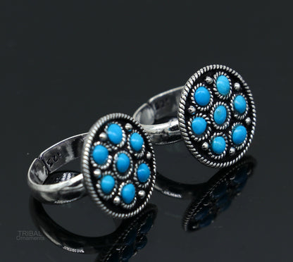 925 sterling silver adjustable tiny toe ring band fabulous blue turquoise stone tribal belly dance brides jewelry from india ntr56 - TRIBAL ORNAMENTS