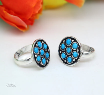 925 sterling silver adjustable tiny toe ring band fabulous blue turquoise stone tribal belly dance brides jewelry from india ntr56 - TRIBAL ORNAMENTS