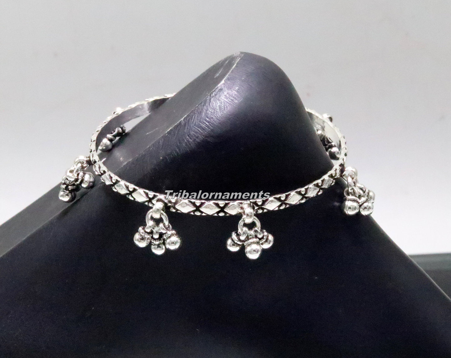 Sterling silver charm bangle bracelet by TRIBAL ORNAMENTS with oxidized finish, personalized belly dance jewelry, intricate tribal design