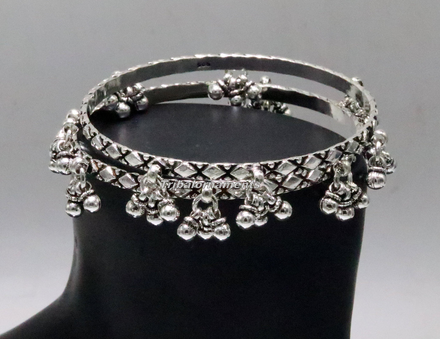 Sterling silver charm bangle bracelet by TRIBAL ORNAMENTS, oxidized and personalized jewelry for belly dance accessories.