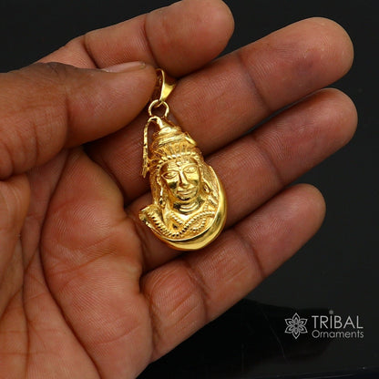 Sterling silver gold-polished Shiva idol pendant, unisex custom jewelry by Tribal Ornaments with intricate Lord Shiva design.