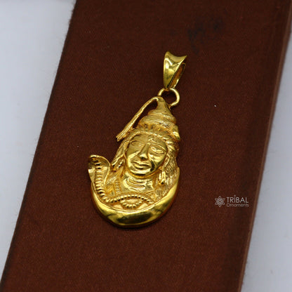 Sterling silver gold-polished Shiva idol pendant, unisex customized jewelry by TRIBAL ORNAMENTS, featuring Lord Shiva's image.