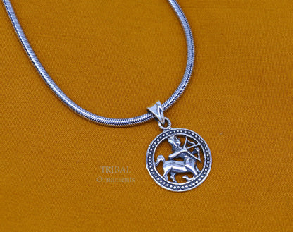 925 sterling silver Sagittarius zodiac pendant, unique Dhanu Rashi ethnic jewelry, featuring intricate tribal design and symbol.