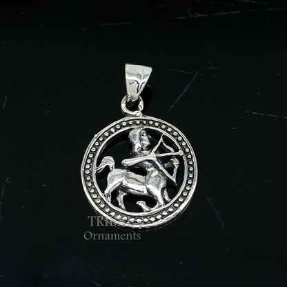 Sterling silver Sagittarius zodiac pendant featuring Dhanu Rashi symbol, ethnic jewelry by TRIBAL ORNAMENTS.