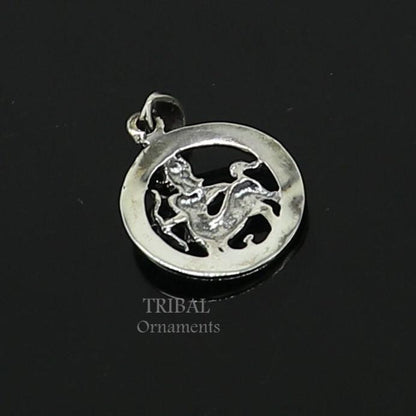 Sterling silver Sagittarius zodiac pendant by TRIBAL ORNAMENTS, featuring Dhanu Rashi symbol, ethnic horoscope jewelry.