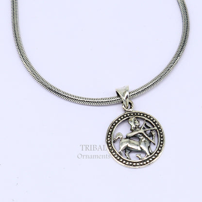 925 sterling silver Sagittarius zodiac pendant featuring Dhanu Rashi symbol, ethnic jewelry with intricate design from TRIBAL ORNAMENTS.