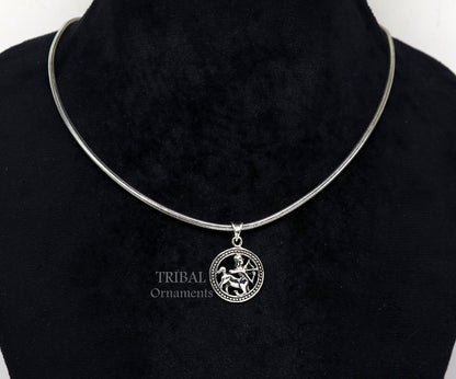 Sterling silver Sagittarius zodiac pendant by TRIBAL ORNAMENTS, featuring Dhanu Rashi symbol in ethnic jewelry style.