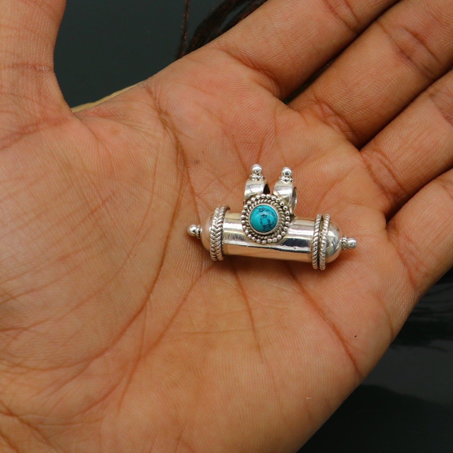 Fine 925 silver amulet pendant, fabulous turquoise stone box pendant, unique stylish fancy tribal jewelry, brides elegant pendant ssp379 - TRIBAL ORNAMENTS