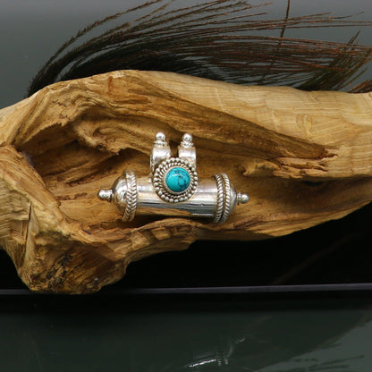 925 sterling silver amulet pendant with vibrant turquoise stone, tribal-style box pendant, detailed tribal jewelry design