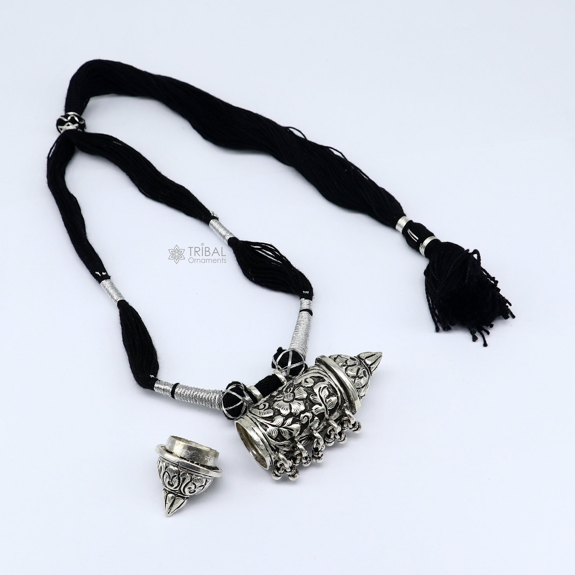 925 sterling silver tribal amulet Taviz pendant on ethnic necklace with adjustable back thread knot, cultural mantra box jewelry set.