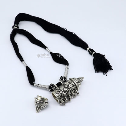 925 sterling silver tribal amulet Taviz pendant on ethnic necklace with adjustable back thread knot, cultural mantra box jewelry set.