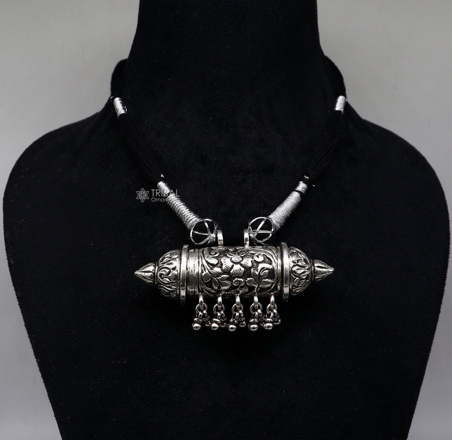 925 sterling silver tribal amulet Taviz pendant with ethnic necklace and adjustable back thread knot, cultural mantra box jewelry set