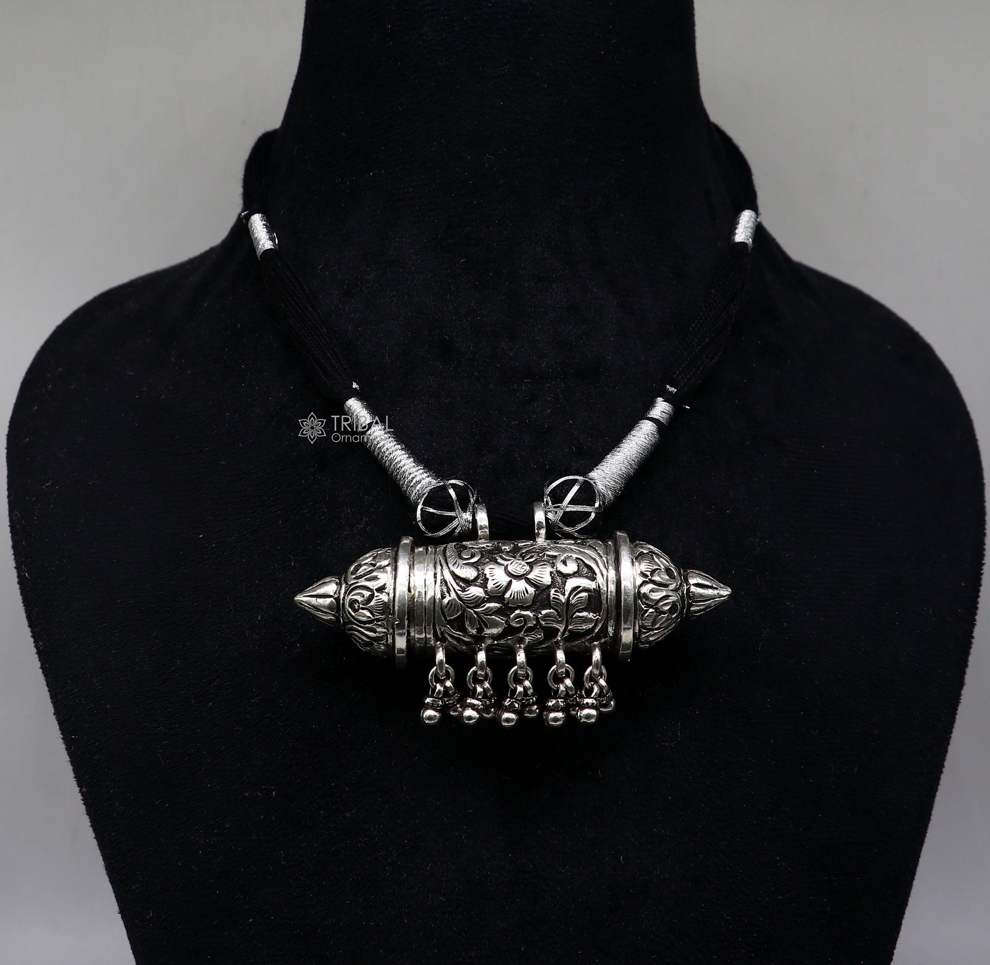 925 sterling silver tribal amulet Taviz pendant with ethnic necklace and adjustable back thread knot, cultural mantra box jewelry set