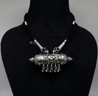 925 sterling silver tribal amulet Taviz pendant with ethnic necklace and adjustable back thread knot, cultural mantra box jewelry set