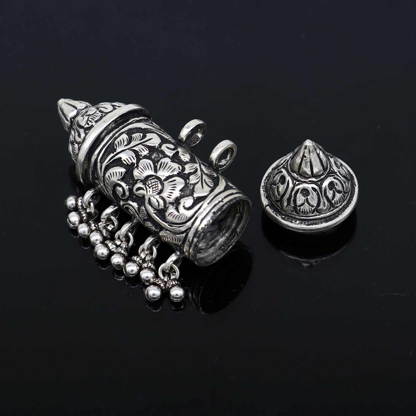 925 sterling silver tribal Taviz pendant necklace with adjustable thread knot, featuring ethnic cultural mantra box jewelry set.