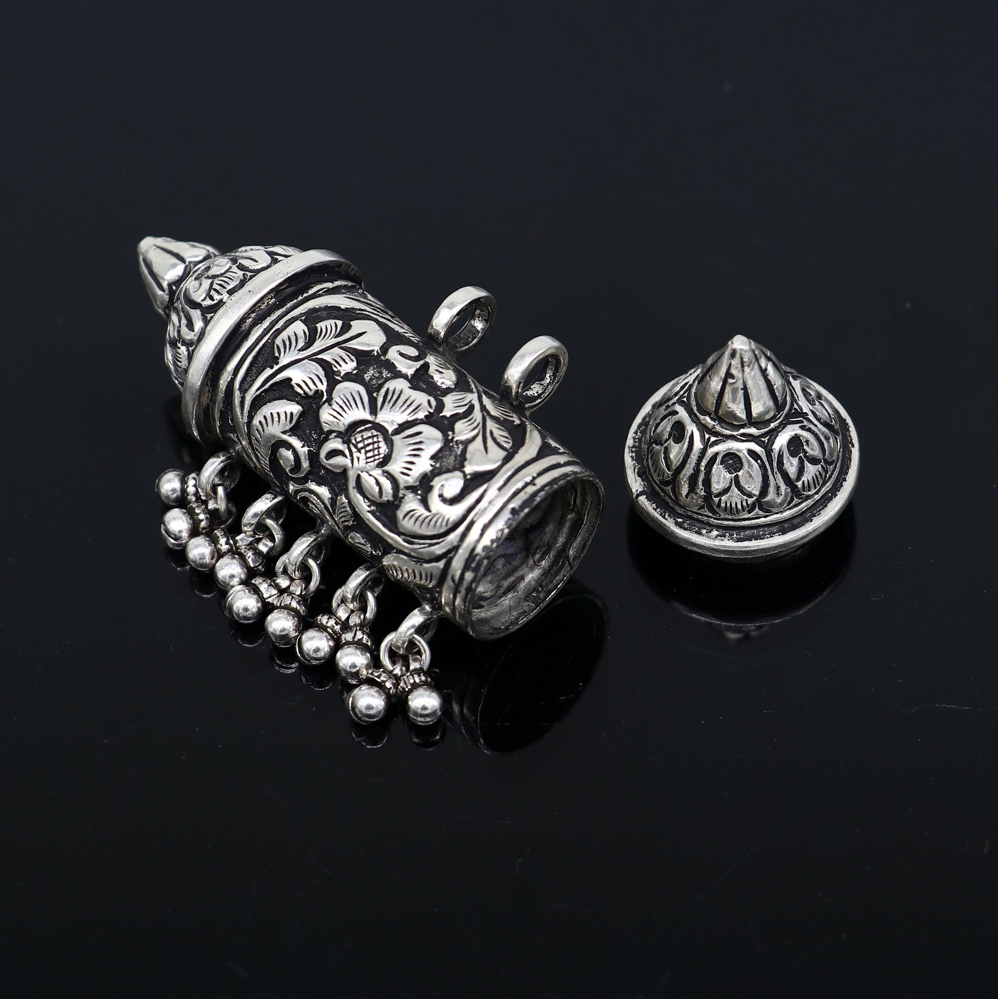 925 sterling silver tribal Taviz pendant necklace with adjustable thread knot, featuring ethnic cultural mantra box jewelry set.