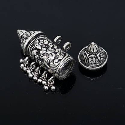 925 sterling silver tribal Taviz pendant necklace with adjustable thread knot, featuring ethnic cultural mantra box jewelry set.