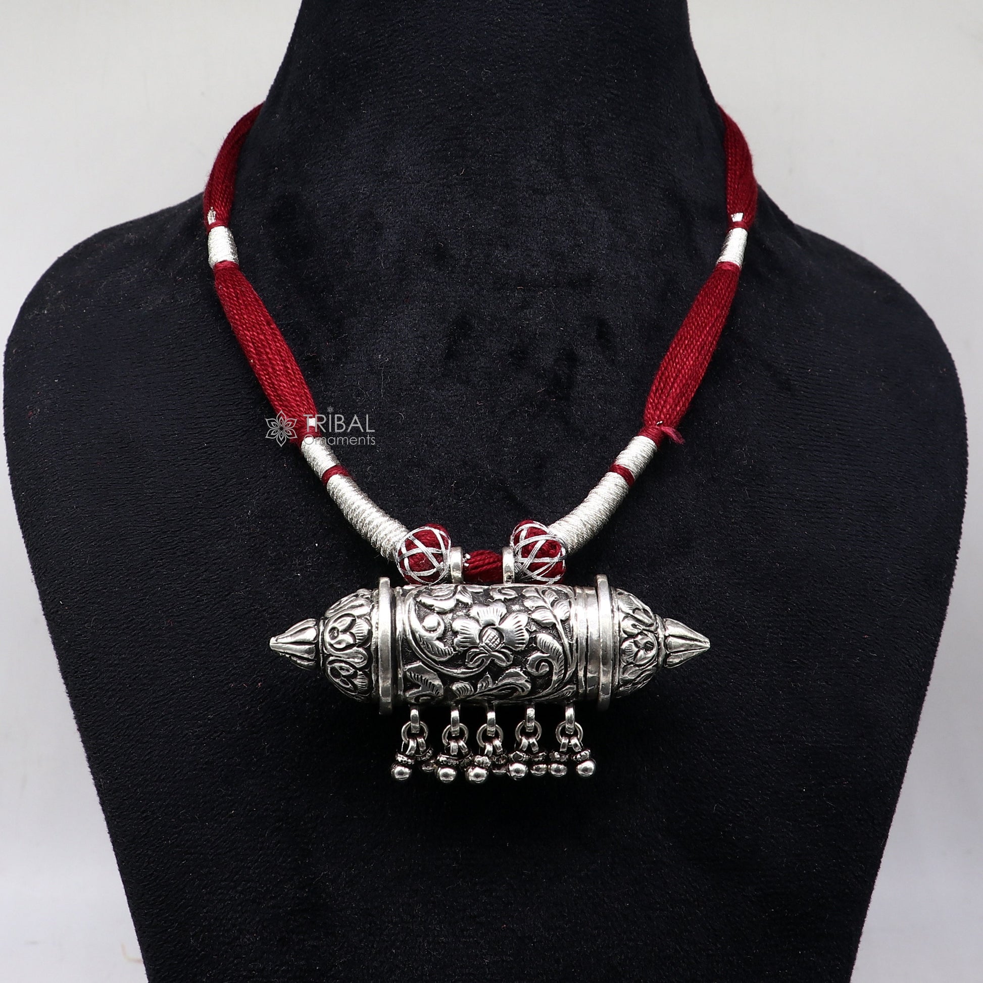 925 sterling silver tribal amulet Taviz pendant on ethnic necklace with adjustable back thread knot, cultural mantra box jewelry set.