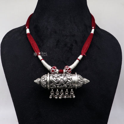 925 sterling silver tribal amulet Taviz pendant on ethnic necklace with adjustable back thread knot, cultural mantra box jewelry set.