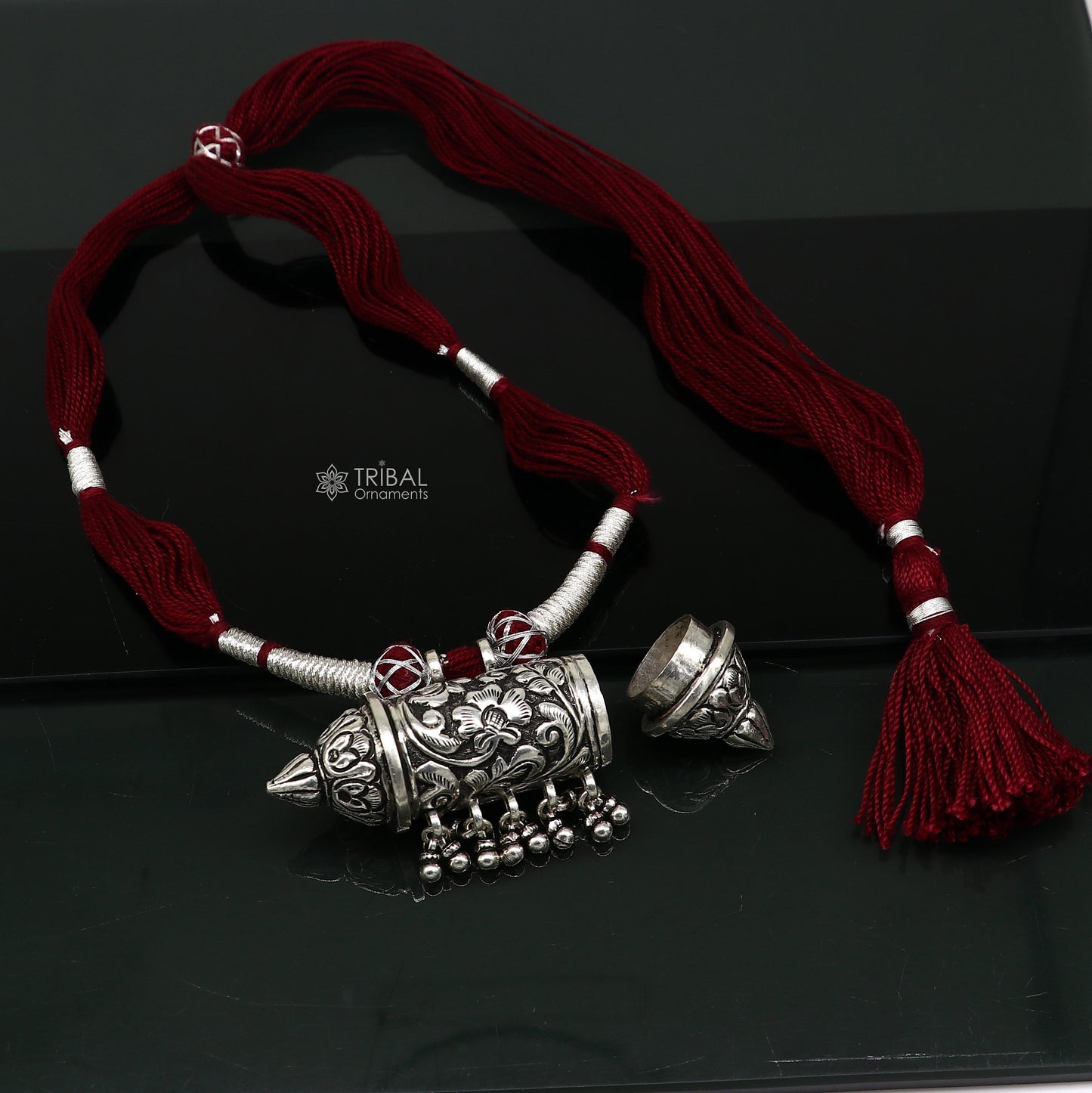 925 sterling silver amulet Taviz pendant on tribal ethnic necklace with adjustable back thread knot, cultural mantra box jewelry set