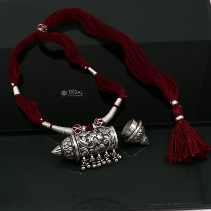 925 sterling silver amulet Taviz pendant on tribal ethnic necklace with adjustable back thread knot, cultural mantra box jewelry set