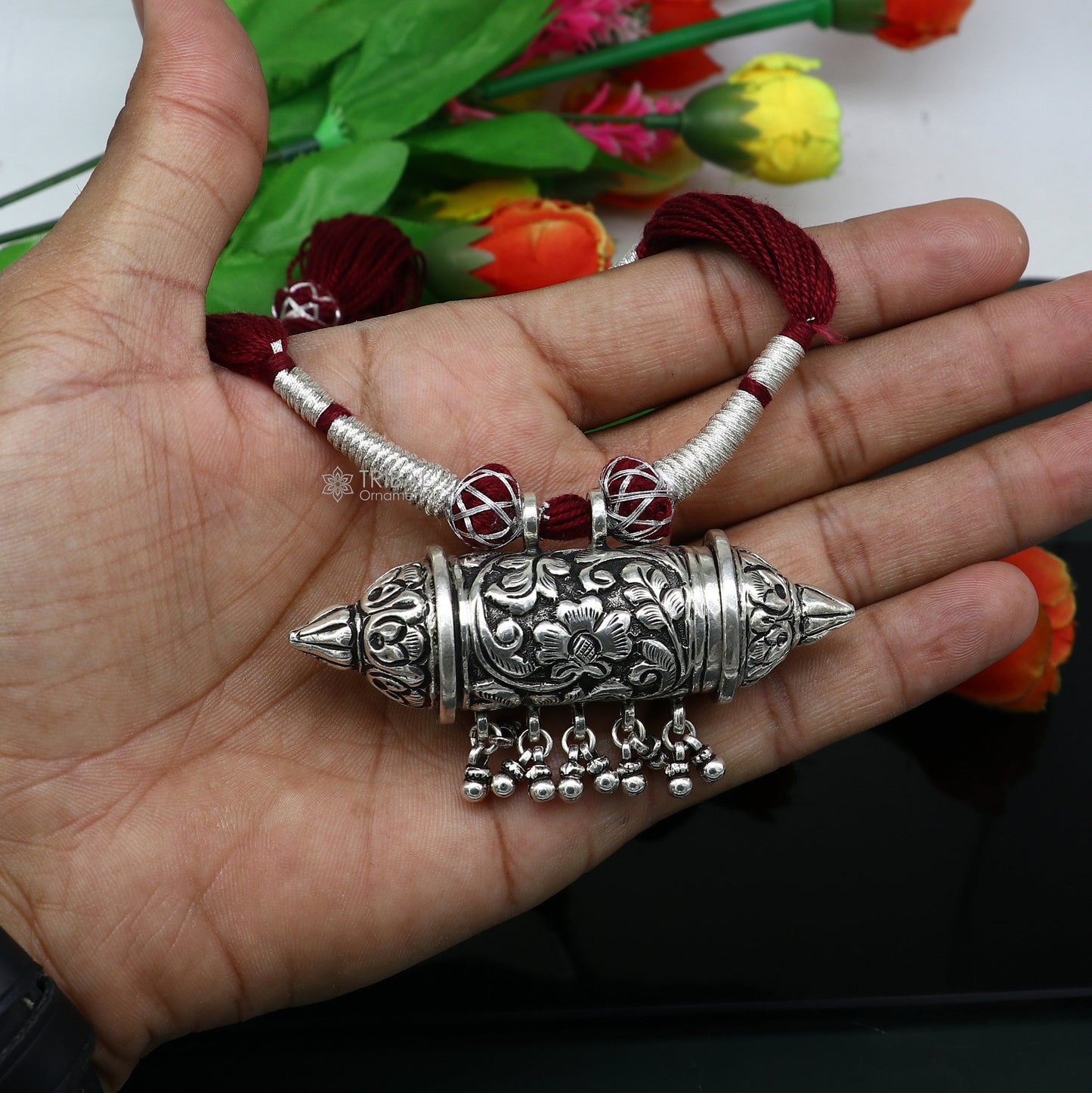 Sterling silver Taviz pendant tribal ethnic necklace with adjustable back thread knot, featuring cultural mantra box jewelry set by Tribal Ornaments.