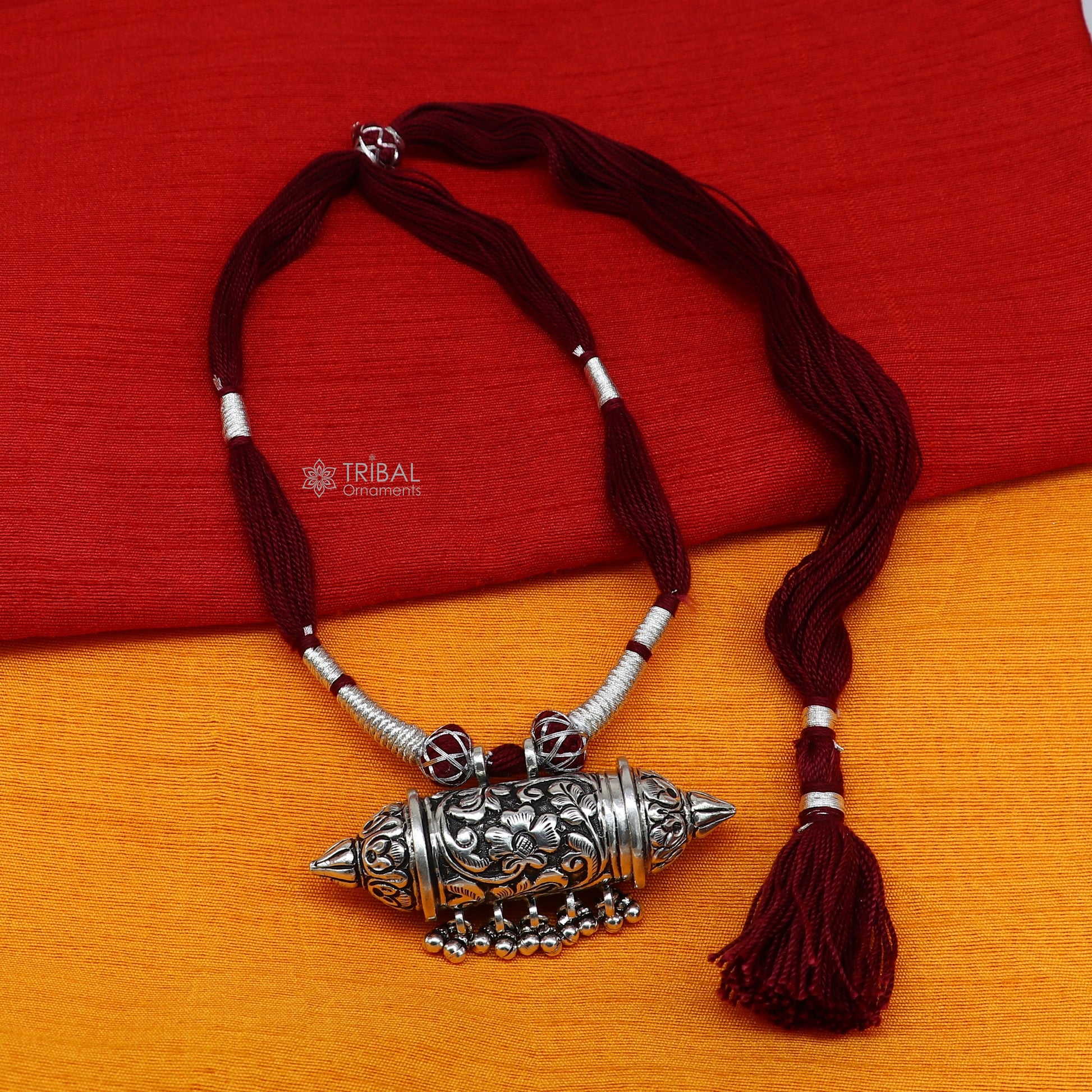 925 sterling silver tribal amulet Taviz pendant on ethnic necklace with adjustable back thread knot, cultural mantra box jewelry set