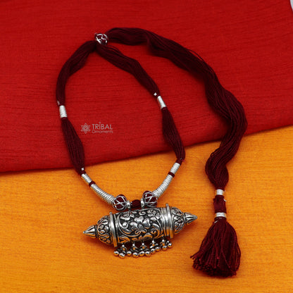 925 sterling silver tribal amulet Taviz pendant on ethnic necklace with adjustable back thread knot, cultural mantra box jewelry set