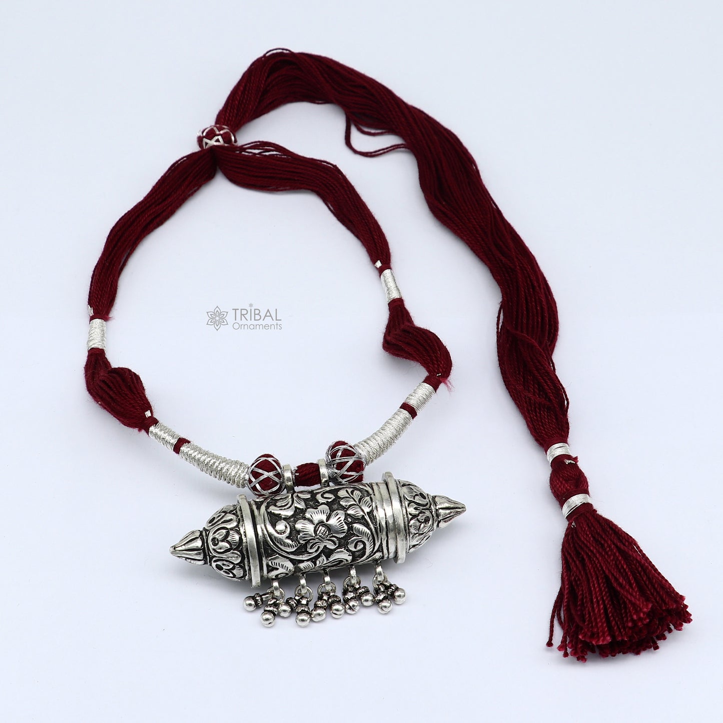 925 sterling silver tribal Taviz pendant on ethnic necklace with adjustable back thread knot, cultural mantra box jewelry set.