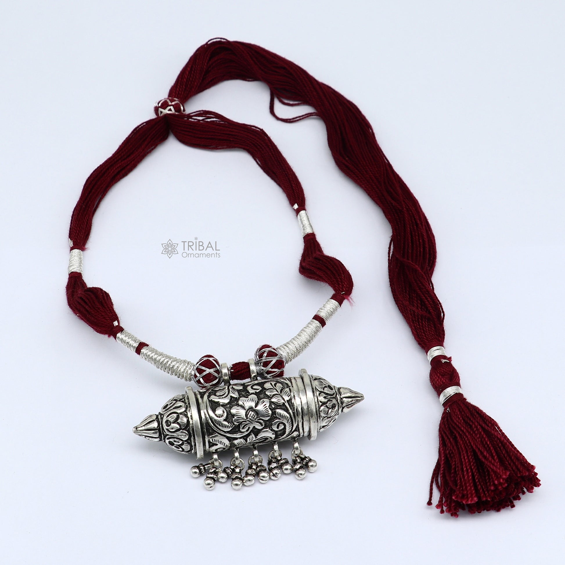 925 sterling silver tribal Taviz pendant on ethnic necklace with adjustable back thread knot, cultural mantra box jewelry set.