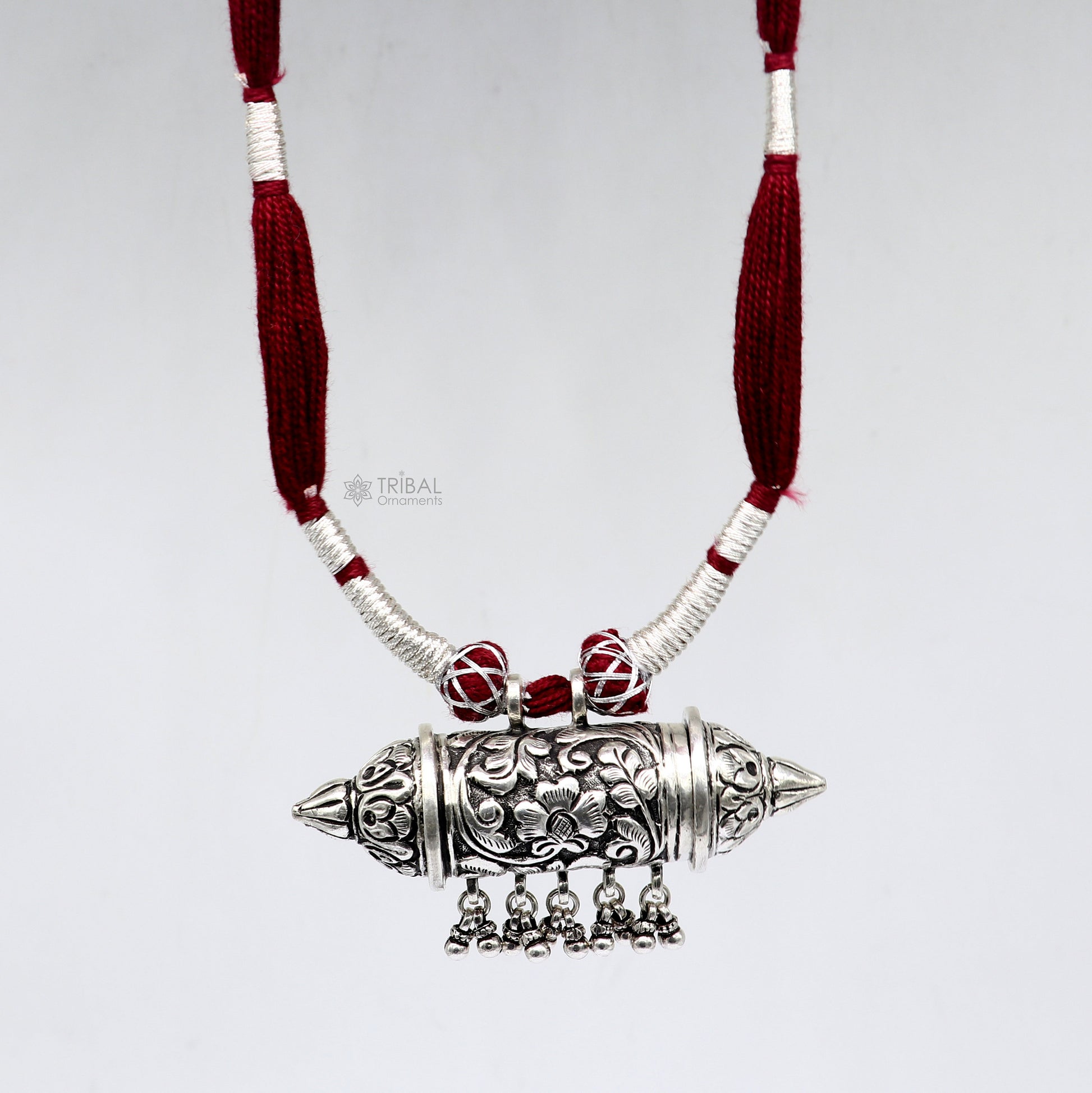 925 sterling silver amulet Taviz pendant on tribal ethnic necklace with adjustable back knot, cultural mantra box jewelry set by Tribal Ornaments
