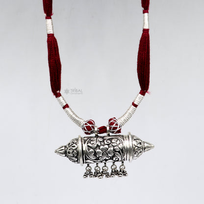 925 sterling silver amulet Taviz pendant on tribal ethnic necklace with adjustable back knot, cultural mantra box jewelry set by Tribal Ornaments