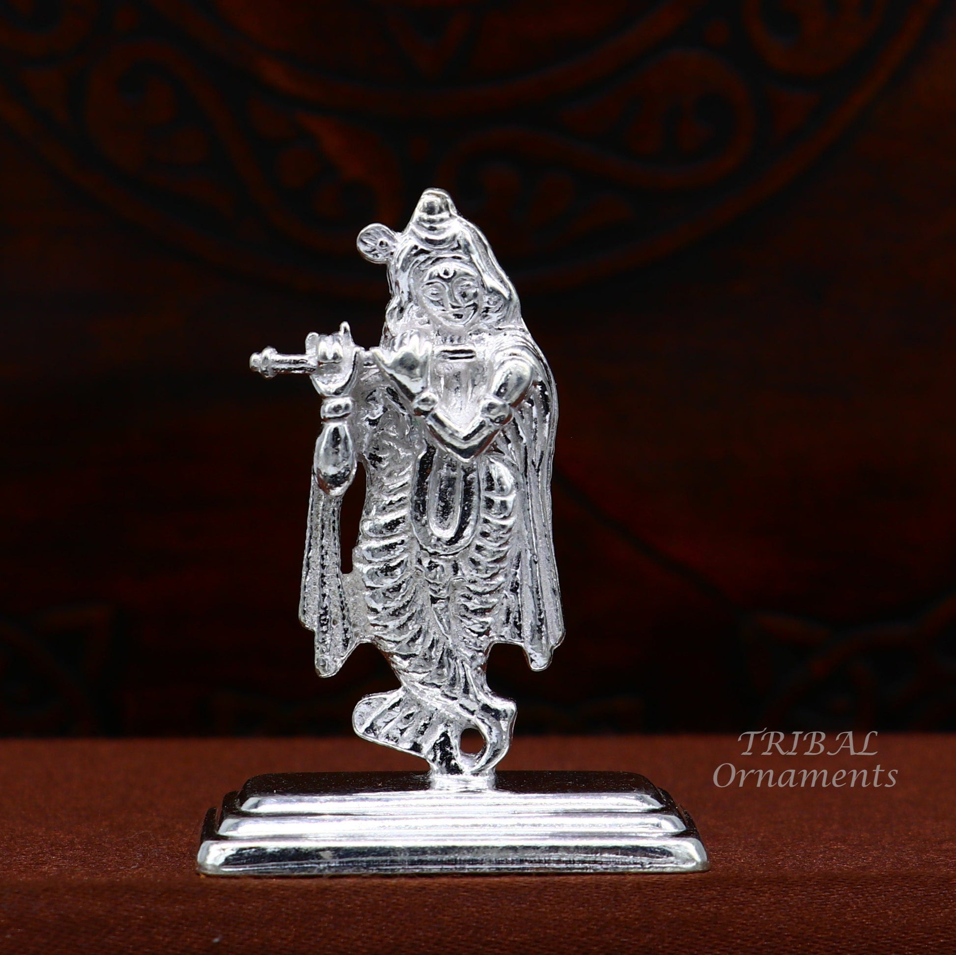 Sterling silver handmade antique design Idols Lord Krishna with flute standing Statue figurine, puja articles decorative gift art555 - TRIBAL ORNAMENTS