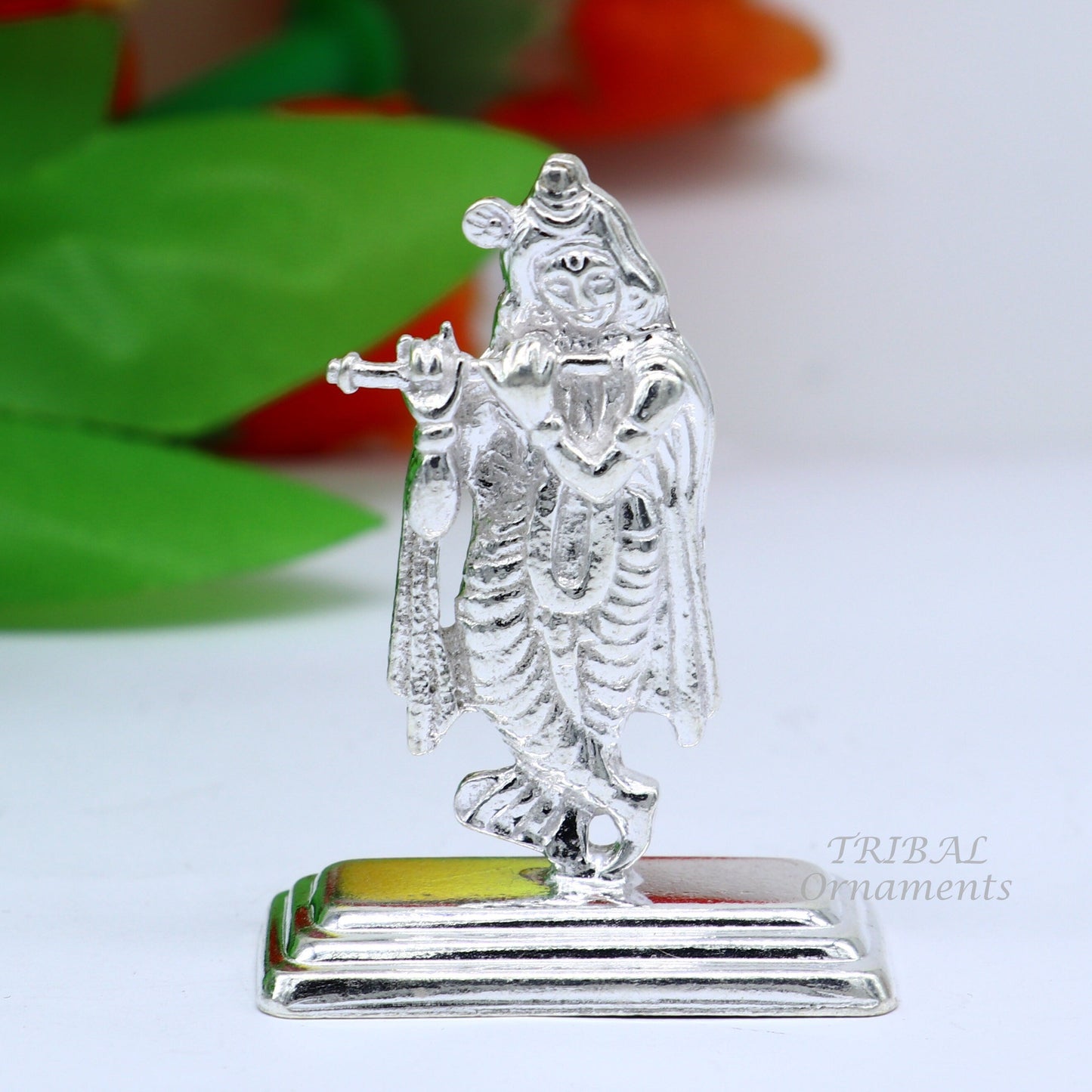 Sterling silver handmade antique design Idols Lord Krishna with flute standing Statue figurine, puja articles decorative gift art555 - TRIBAL ORNAMENTS