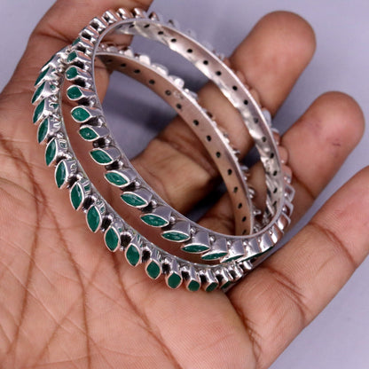 925 Sterling silver bangle  bracelet gorgeous design green emerald stone women top class stylish jewelry daily use jewelry form india ba06 - TRIBAL ORNAMENTS