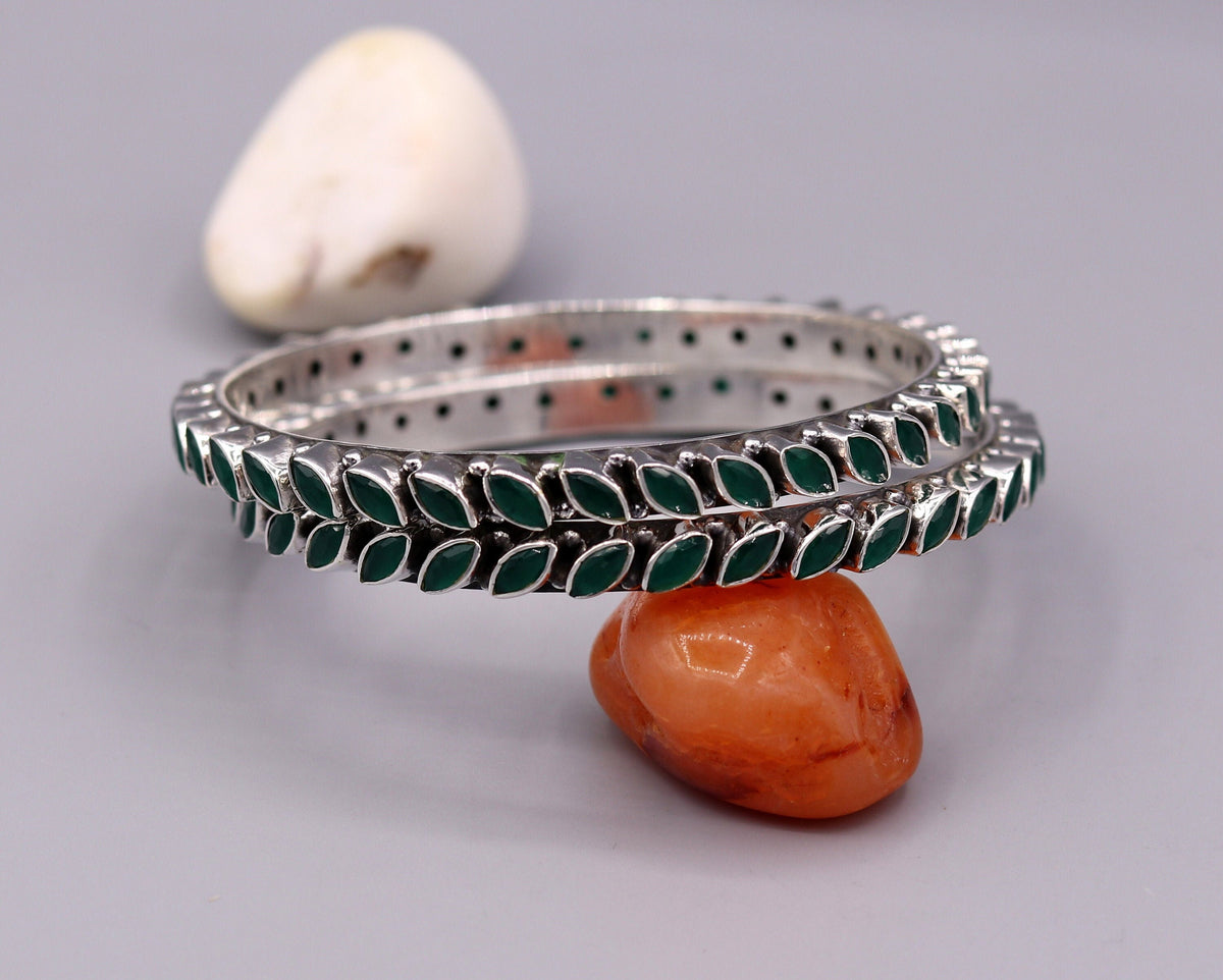 925 Sterling silver bangle  bracelet gorgeous design green emerald stone women top class stylish jewelry daily use jewelry form india ba06 - TRIBAL ORNAMENTS