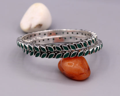 925 Sterling silver bangle  bracelet gorgeous design green emerald stone women top class stylish jewelry daily use jewelry form india ba06 - TRIBAL ORNAMENTS