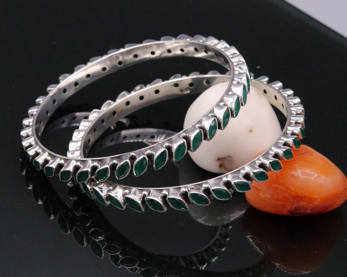 925 Sterling silver bangle  bracelet gorgeous design green emerald stone women top class stylish jewelry daily use jewelry form india ba06 - TRIBAL ORNAMENTS