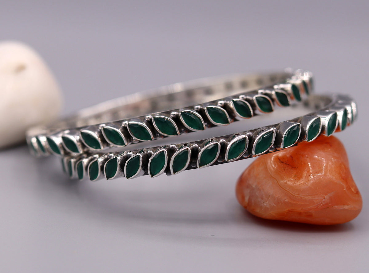 925 Sterling silver bangle  bracelet gorgeous design green emerald stone women top class stylish jewelry daily use jewelry form india ba06 - TRIBAL ORNAMENTS