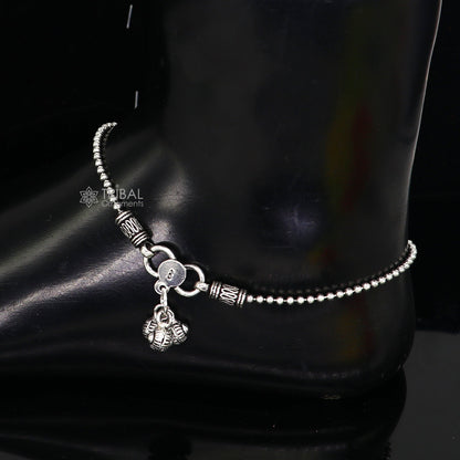 925 sterling silver beaded ball chain anklet bracelet by TRIBAL ORNAMENTS, lightweight and fancy jewelry for ankle decoration.