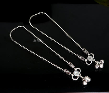 Sterling silver beaded chain anklet bracelet by TRIBAL ORNAMENTS, lightweight fancy jewelry with ball design and adjustable clasp.