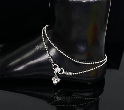 Sterling silver beaded ball chain anklet bracelet from TRIBAL ORNAMENTS, lightweight and fancy jewelry for ankle adornment.