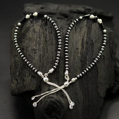 925 sterling silver beaded bracelet with black onyx stone and Nazariya charm, adjustable jewelry for girls by Tribal Ornaments