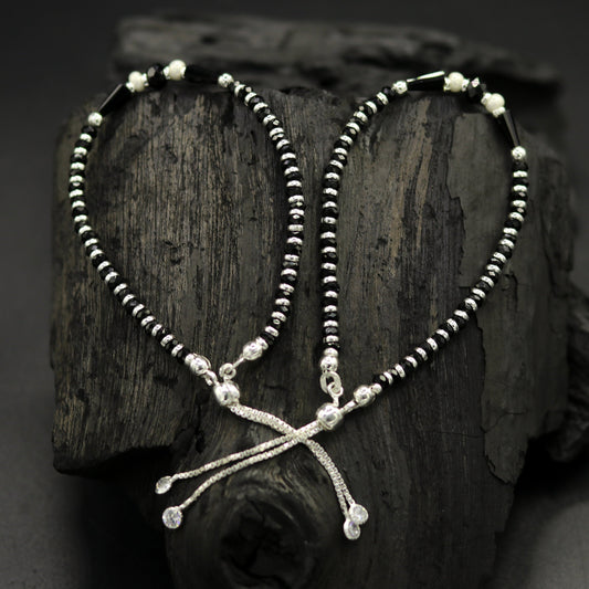 925 sterling silver beaded with black onyx stone handmade charm adjustable bracelet 'Nazariya' excellent charm jewelry for girls sbr178 - TRIBAL ORNAMENTS