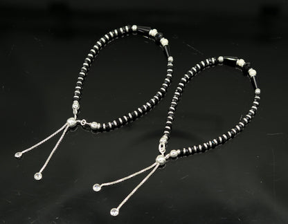 925 sterling silver beaded bracelet with black onyx stone and adjustable charm, designed for girls by TRIBAL ORNAMENTS.